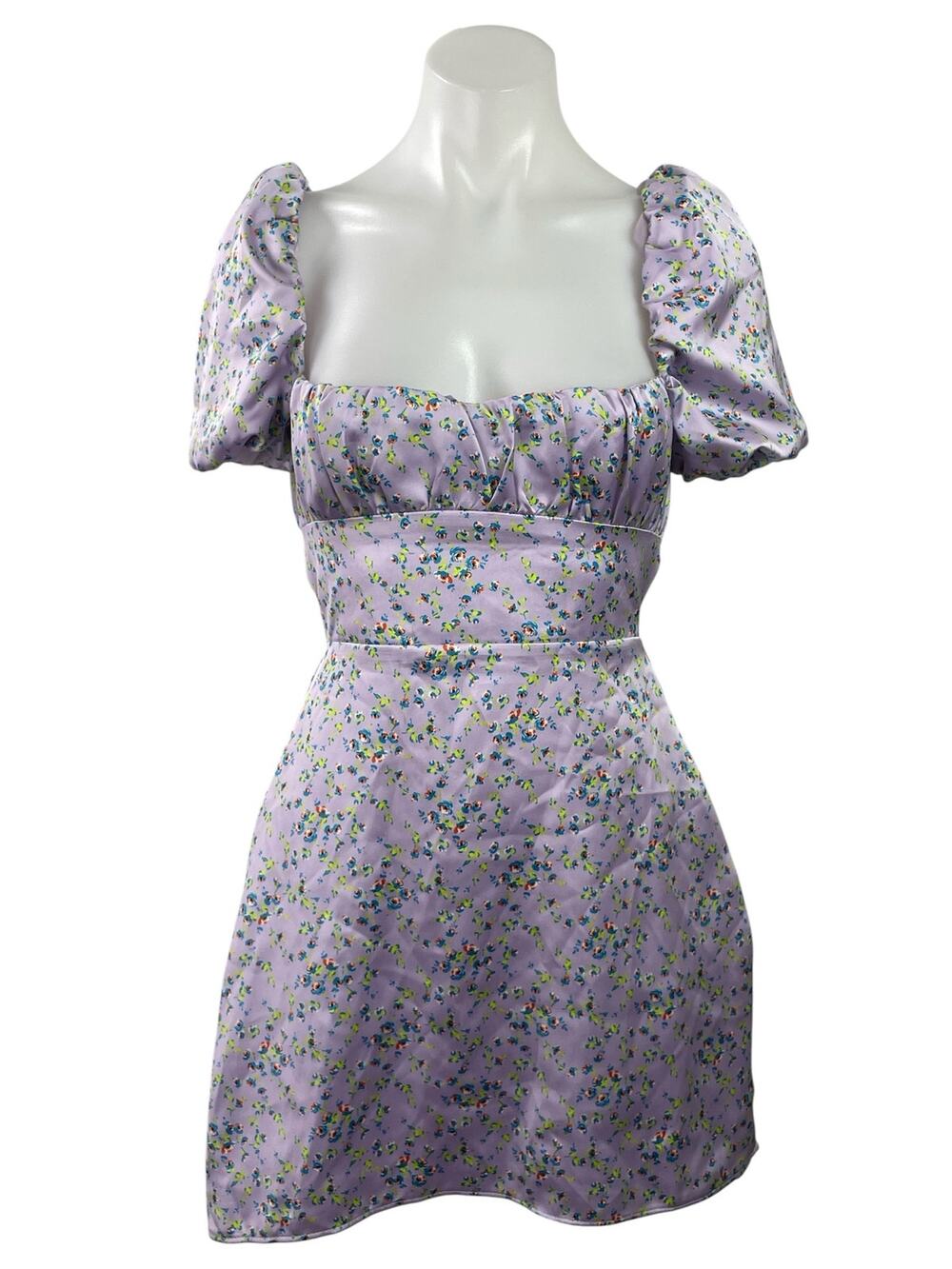 Zara Purple Silky Satin Floral Puff Sleeve Lace Up Back Mini Casual Dress Size M